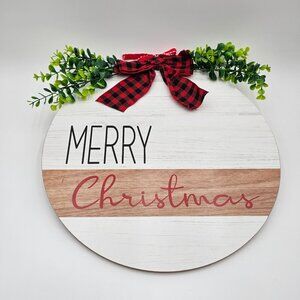 Merry Christmas Round MDF Door Sign Holiday Decor Rustic Wall Art